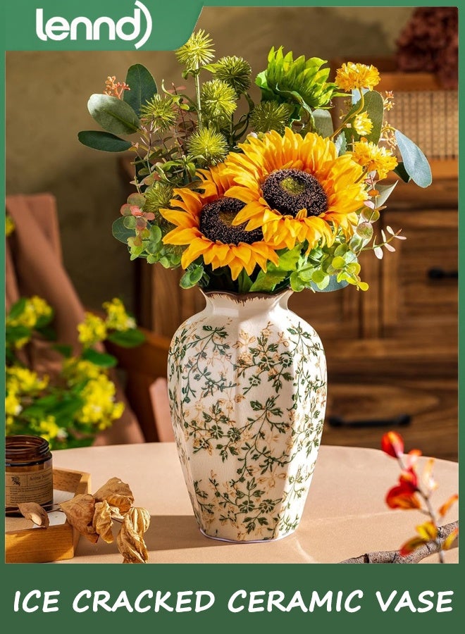 LENND Vintage Pastoral Octagonal Vase, Beige Retro Ceramic Flower Vase, Rustic Farmhouse Vases Chinoiserie Floral Large Vase for Home Decor, Living Room, Kitchen, Bedroom and Shelf 9.1 Inch - Image 2
